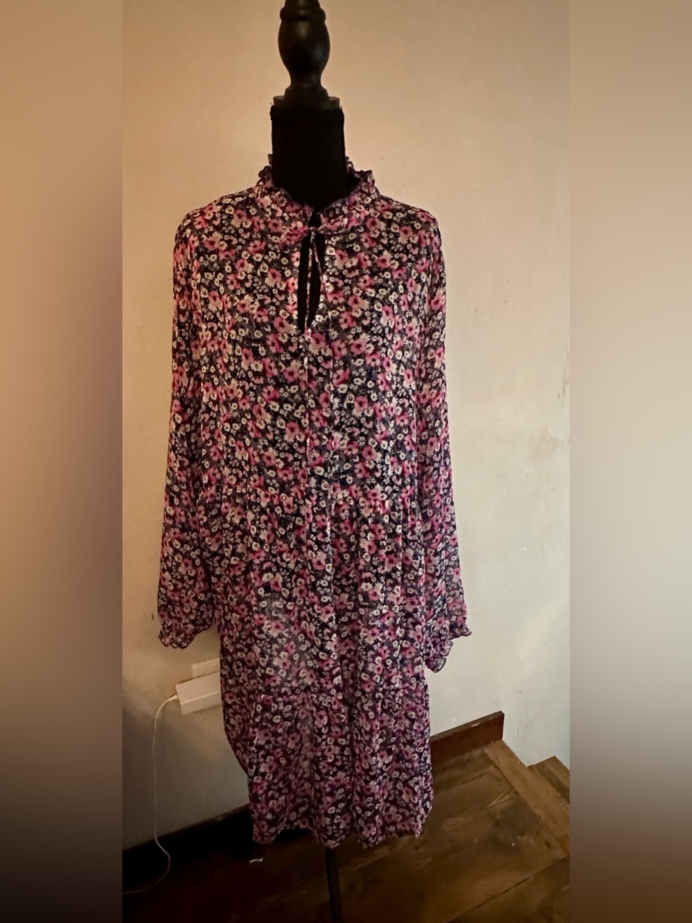 EVRI Pink and Black Floral Tiered Dress